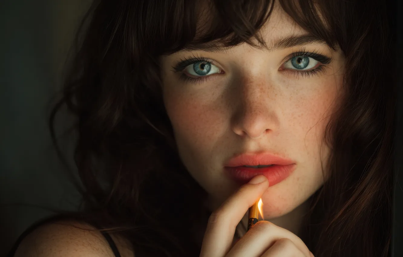 Фото обои взгляд, девушка, лицо, портрет, руки, брюнетка, веснушки, серые глаза