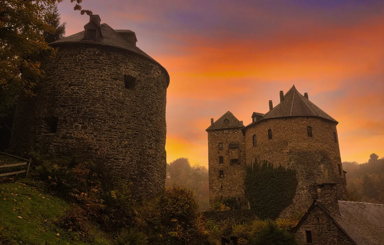 Фото обои небо, закат, замок, вечер, Бельгия, средневековая архитектура, Reinhardstein Castle