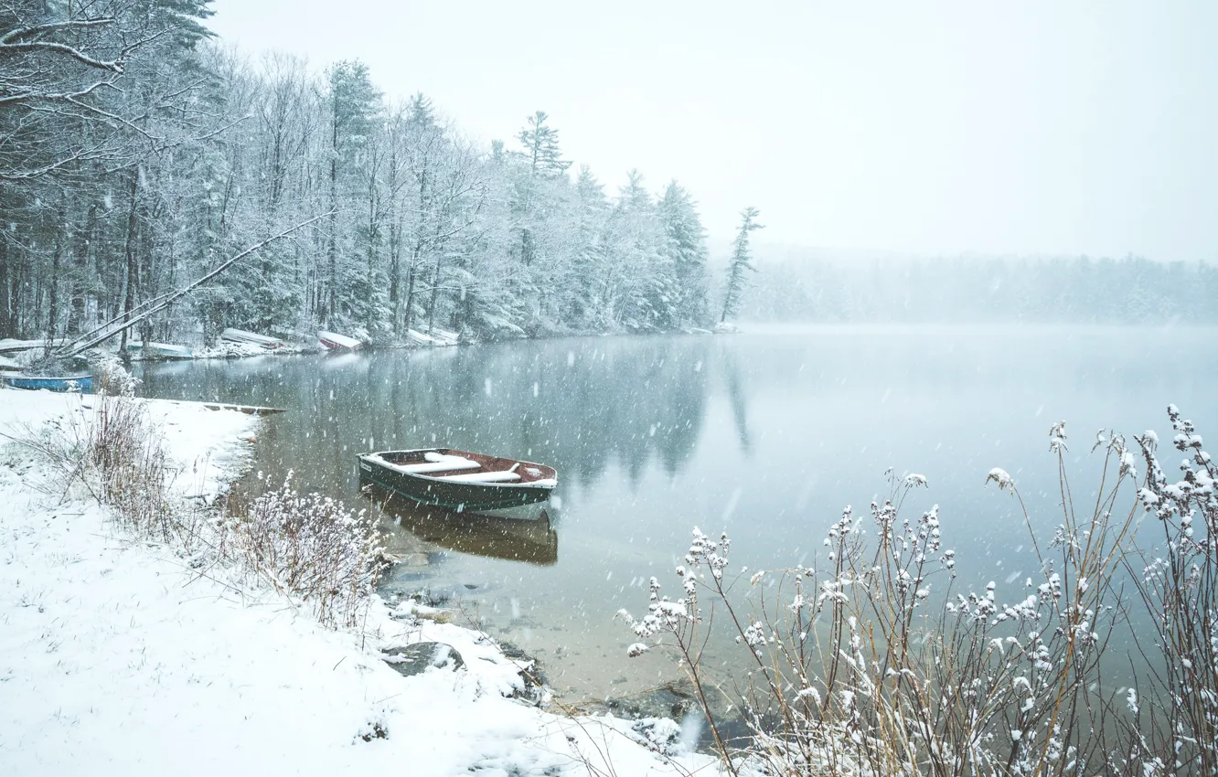 Фото обои зима, лес, снег, озеро, пруд, лодка, Англия, England