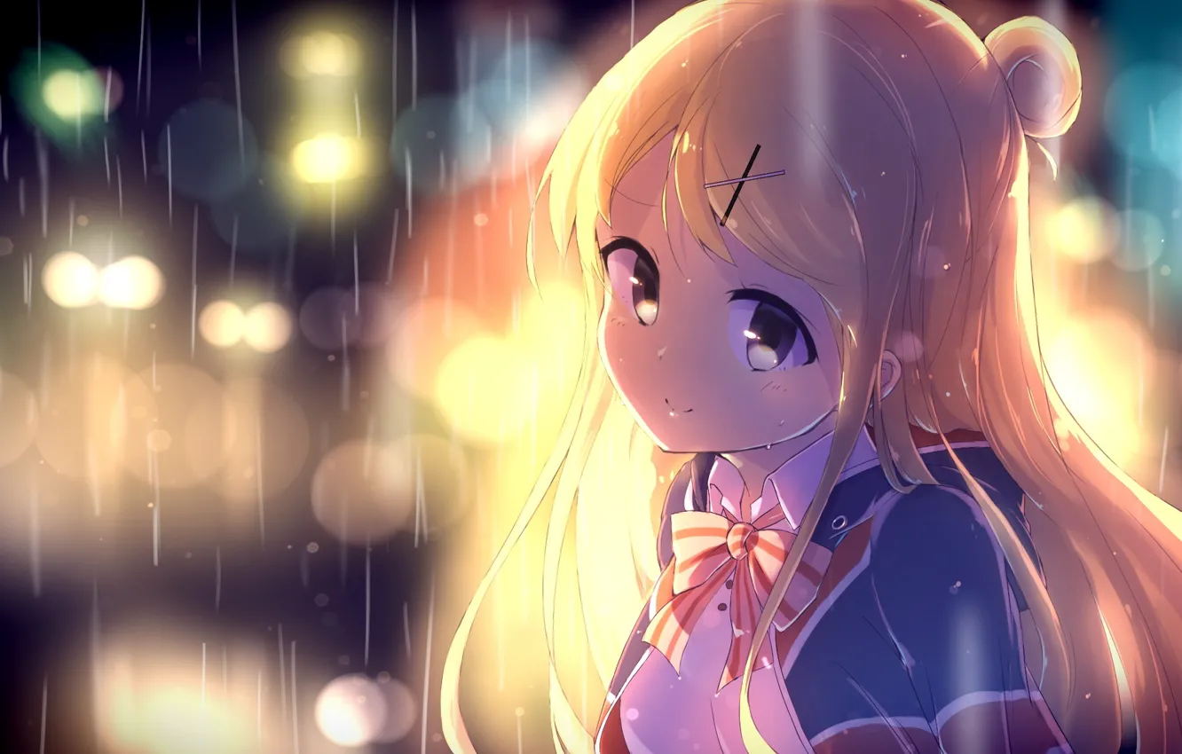 Фото обои девушка, улыбка, дождь, аниме, арт, kujou karen, kiniro mosaic, nitro