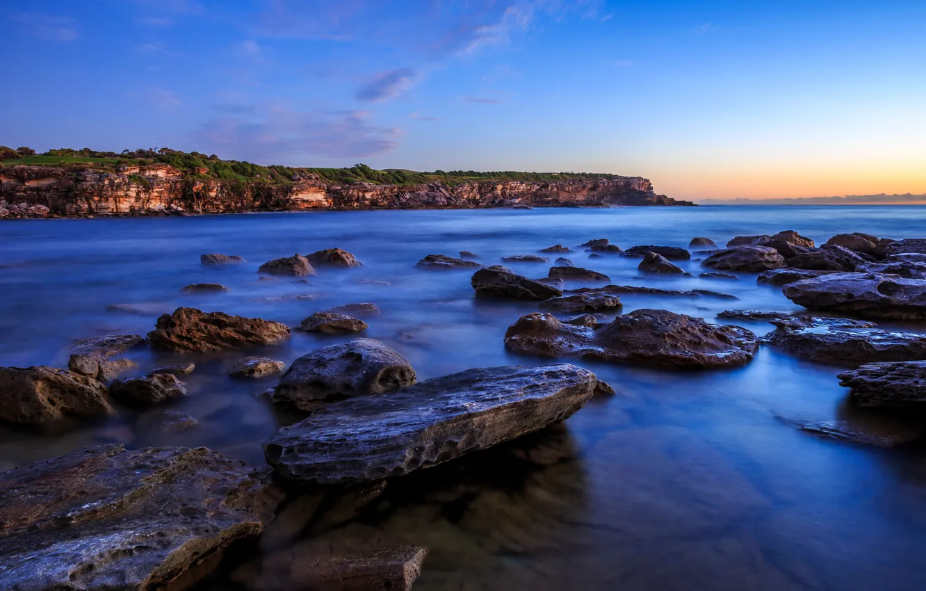 Фото обои море, камни, скалы, рассвет, побережье, Австралия, Сидней