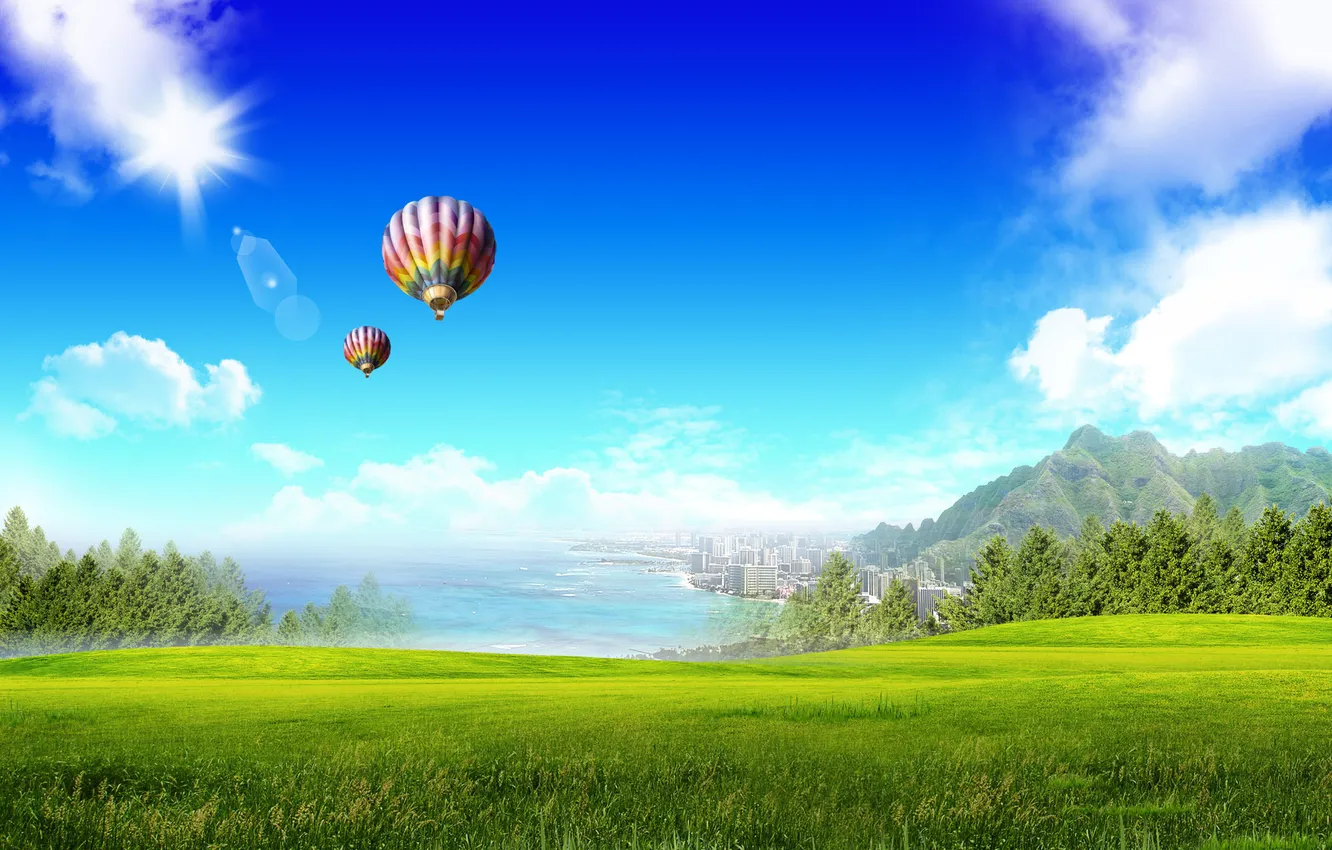 Фото обои поле, природа, воздушные шары, океан, побережье, небоскребы, набережная