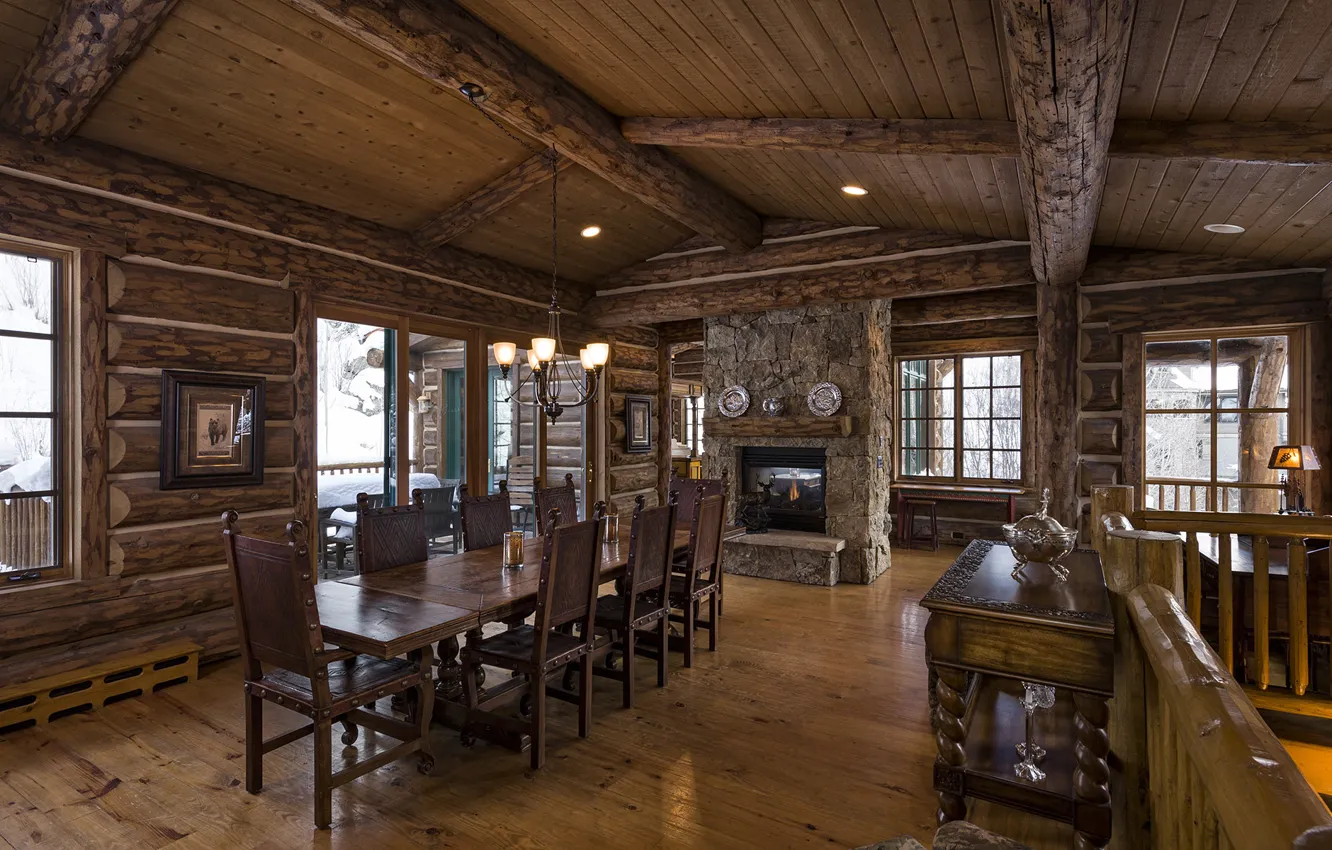 Фото обои wooden, home, luxury, log, blue sky lodge, dinner room