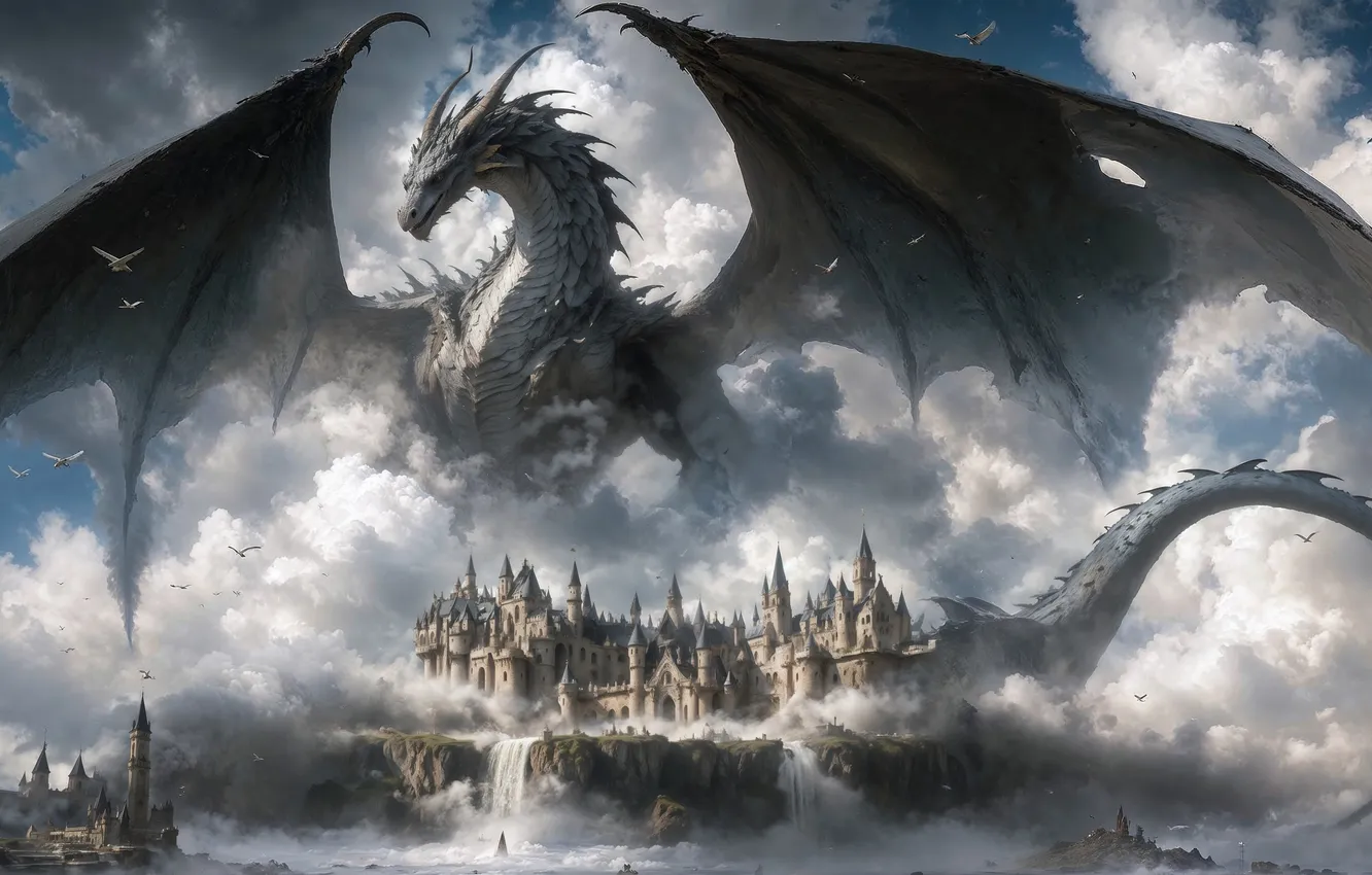 Фото обои city, fantasy, dragon