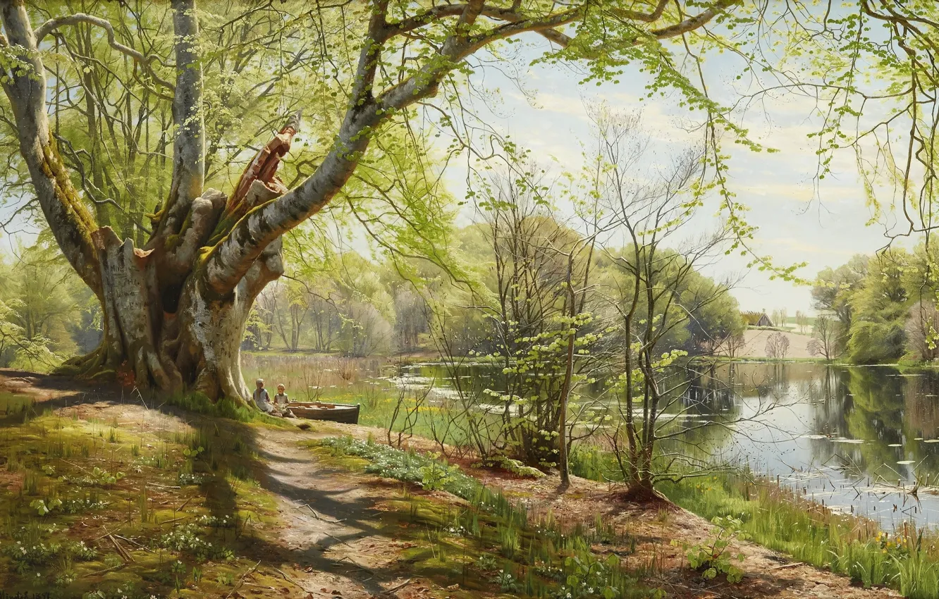 Фото обои 1897, датский живописец, Петер Мёрк Мёнстед, Peder Mørk Mønsted, Danish realist painter, Зелёный весенний пейзаж …