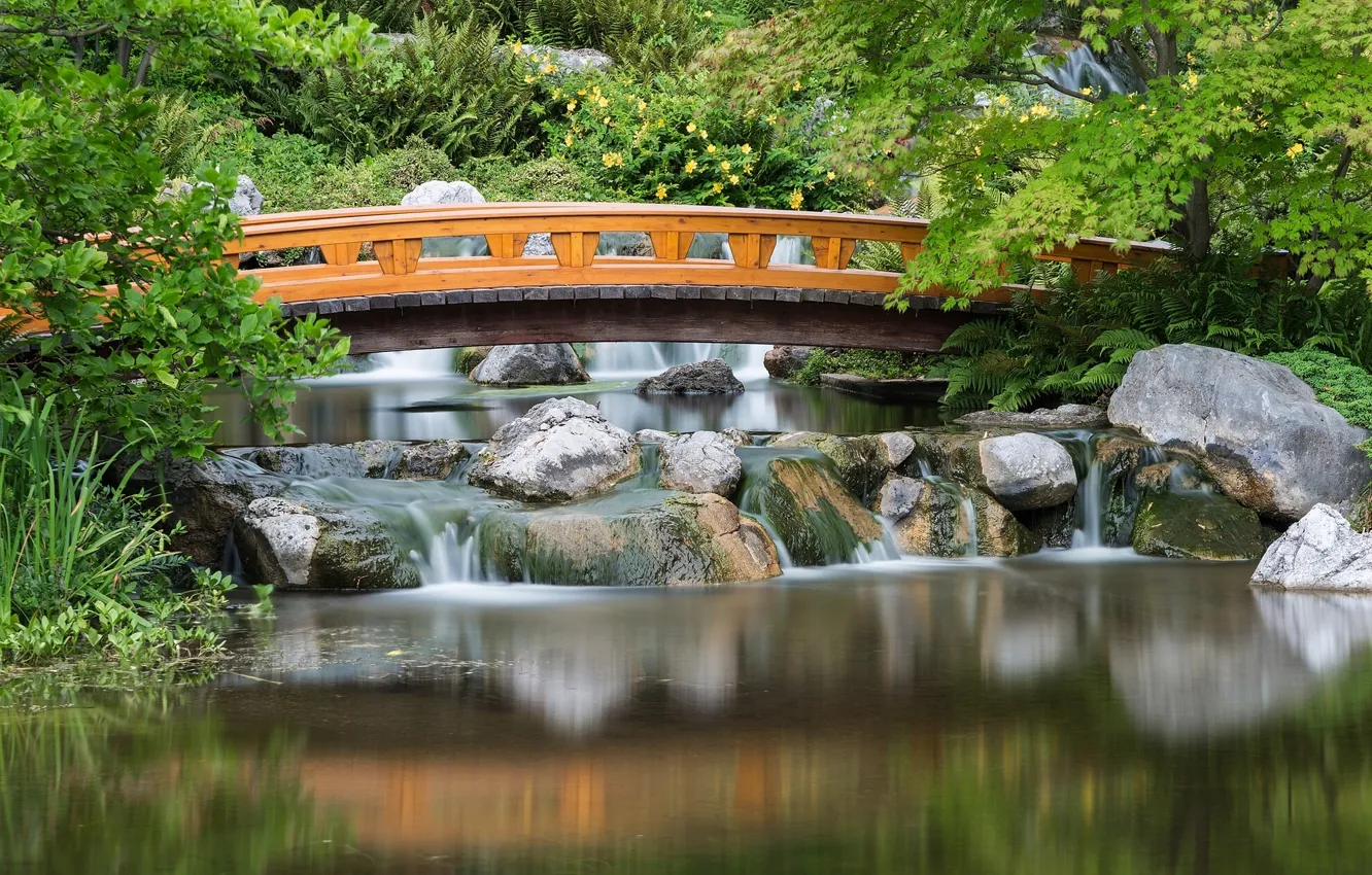 Фото обои мост, камни, Австрия, каскад, Японский сад, Austria, Japanese Garden, Вена