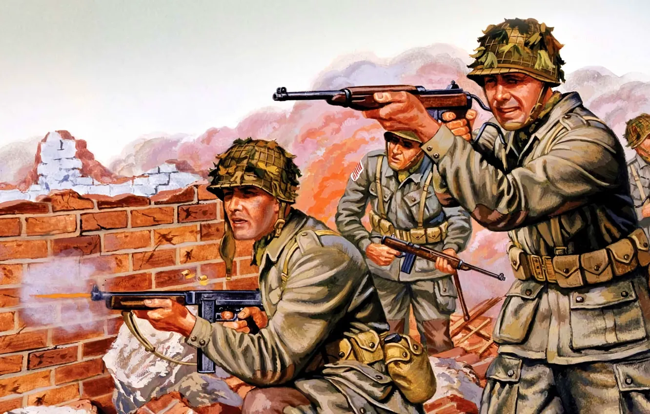 Фото обои Солдаты, США, Вторая Мировая Война, Карабин, Пистолет-пулемёт Томпсона, М1А1