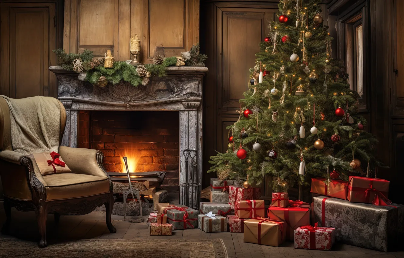 Фото обои украшения, комната, шары, елка, интерьер, кресло, Новый Год, Рождество