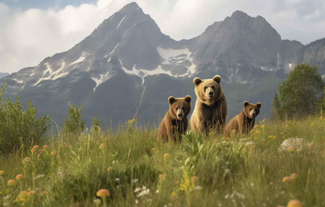 Фото обои лес, закат, природа, медведь, медвежонок, прогулка, семейство, медведица