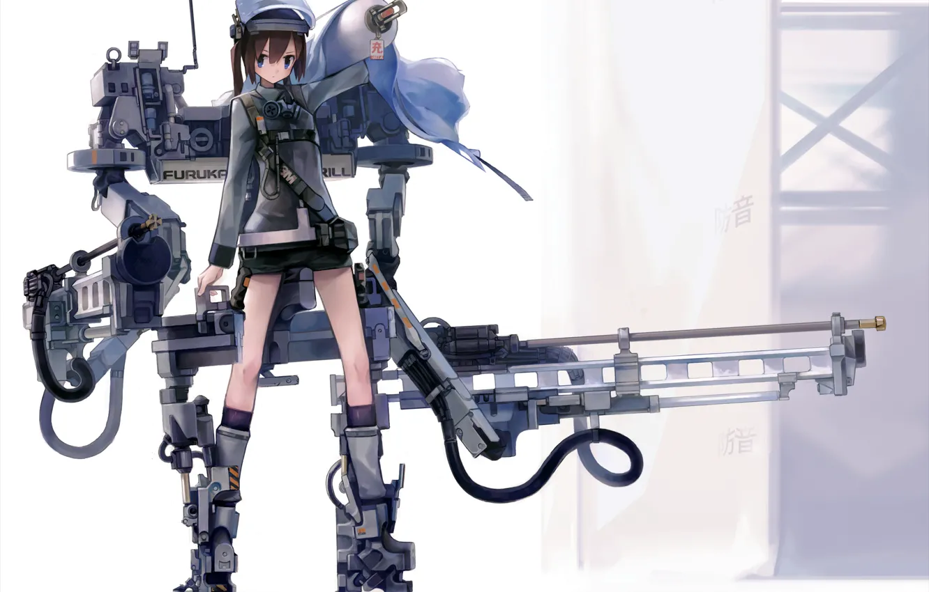 Фото обои девушка, оружие, провода, робот, аниме, маска, арт, astg