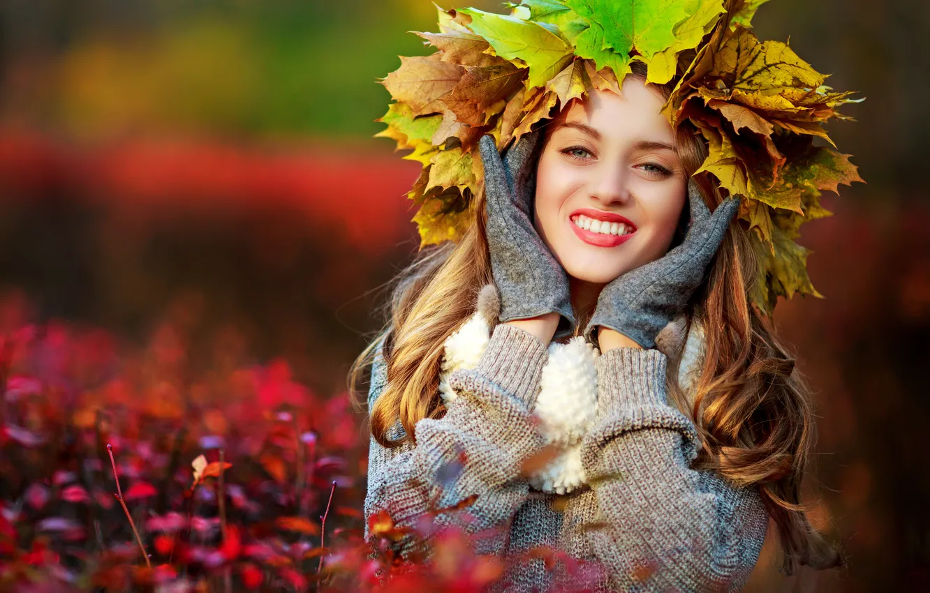 Фото обои осень, девушка, клён, girl, woman, autumn, leaves, fall