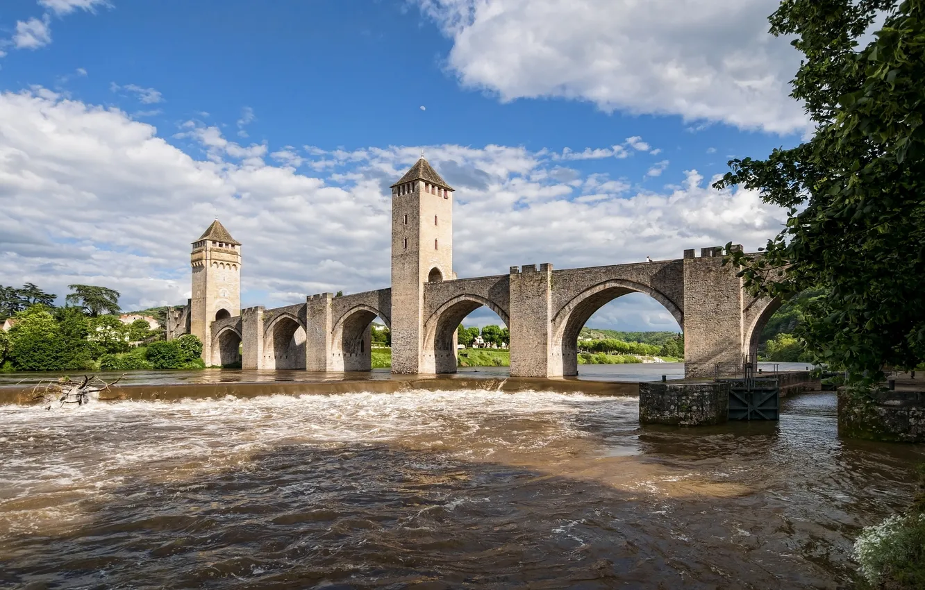 Фото обои мост, Франция, France, Cahors, Valentre bridge, River Lot, река Ло, Каор