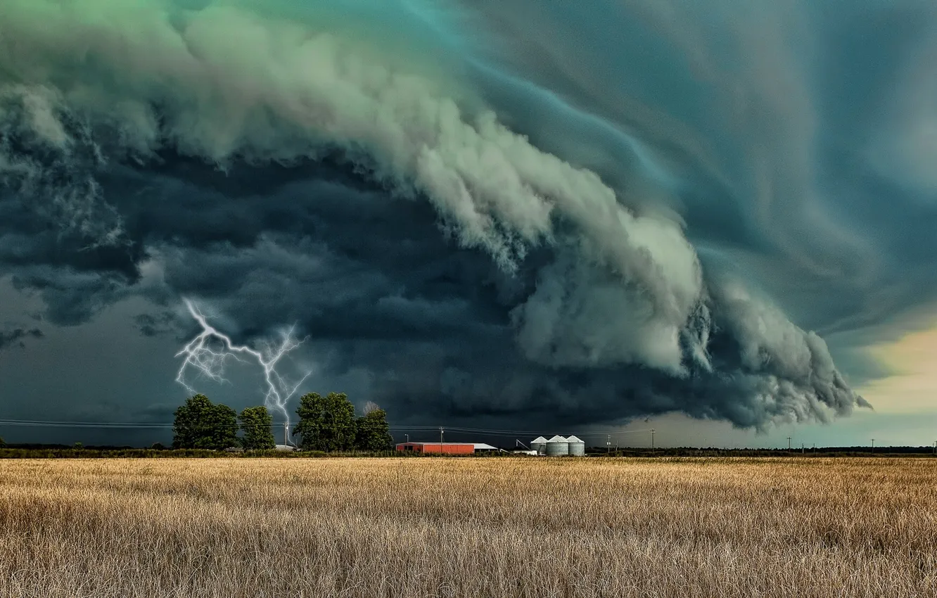 Фото обои поле, стихия, молния, буря
