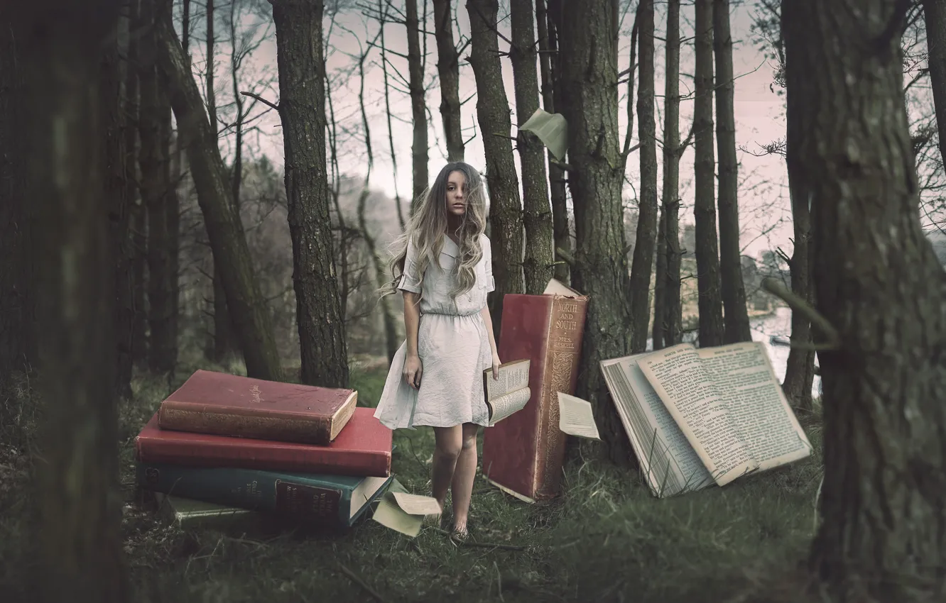 Фото обои лес, девушка, книги