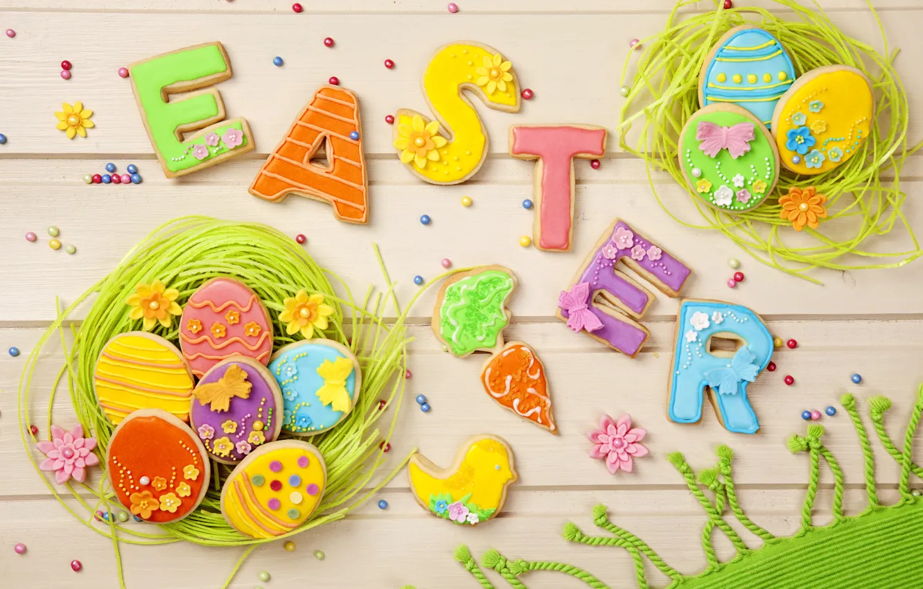 Фото обои праздник, весна, colorful, печенье, пасха, sweet, глазурь, eggs