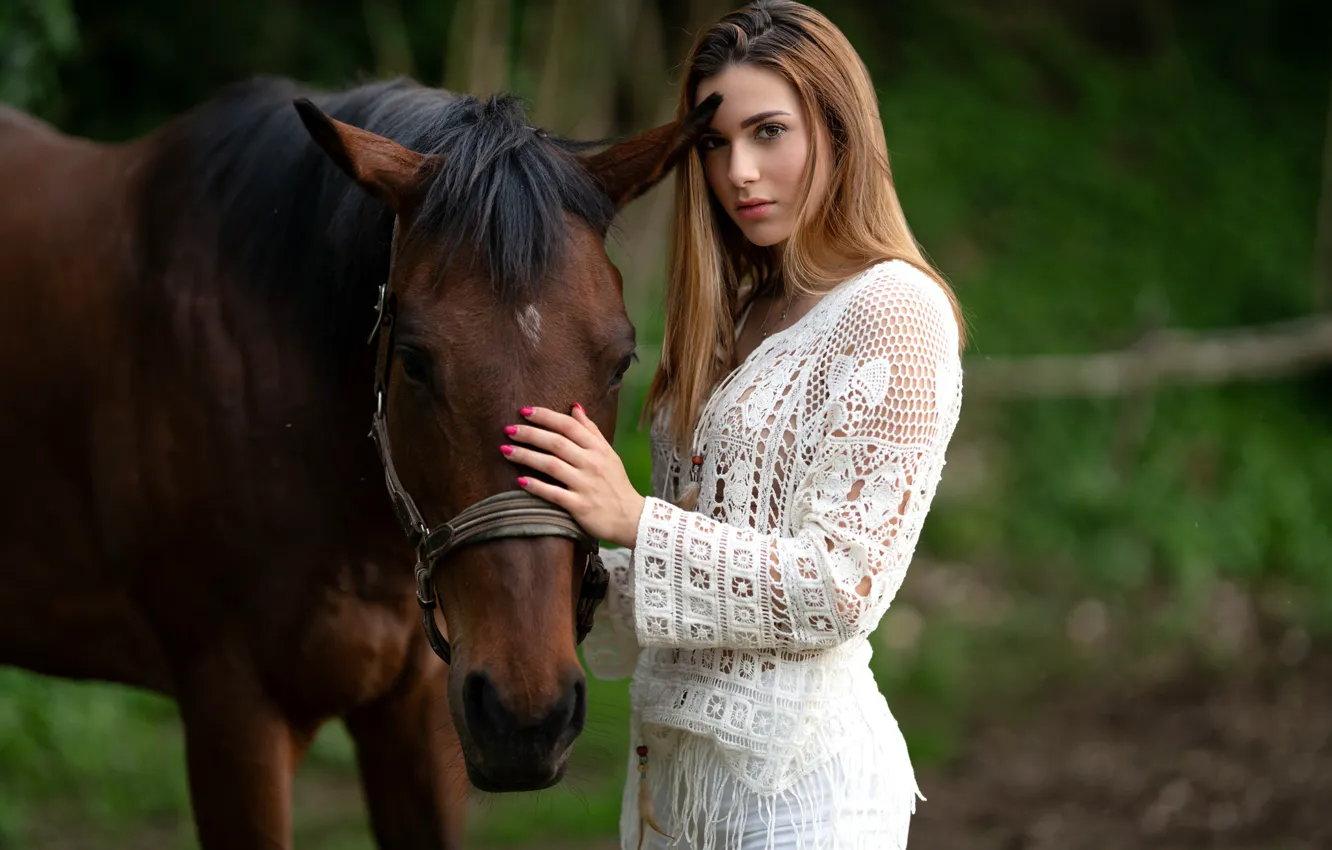 Фото обои взгляд, девушка, поза, лошадь, красивая, Elena, боке, маникюр