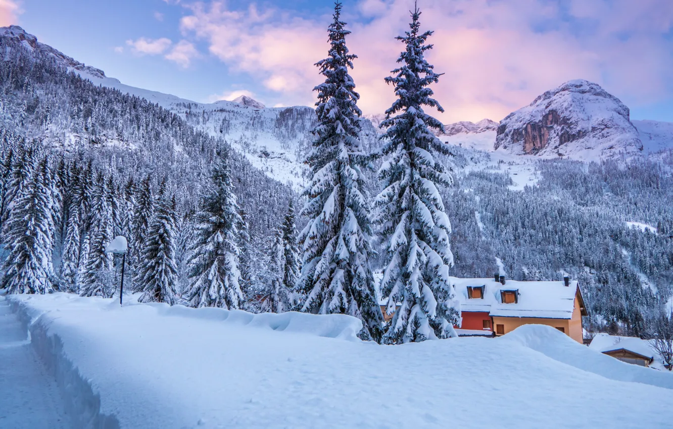 Фото обои зима, снег, пейзаж, горы, природа, дома, Альпы, Италия
