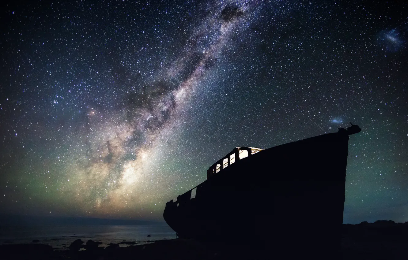 Фото обои звезды, ночь, лодка, Новая Зеландия, Млечный путь, призрак