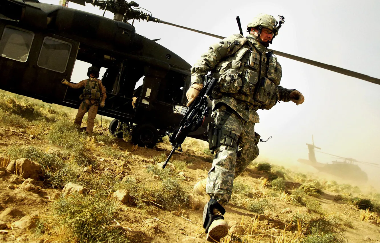 Фото обои Оружие, оптический прицел, Helicopter, M4A1, солдат США