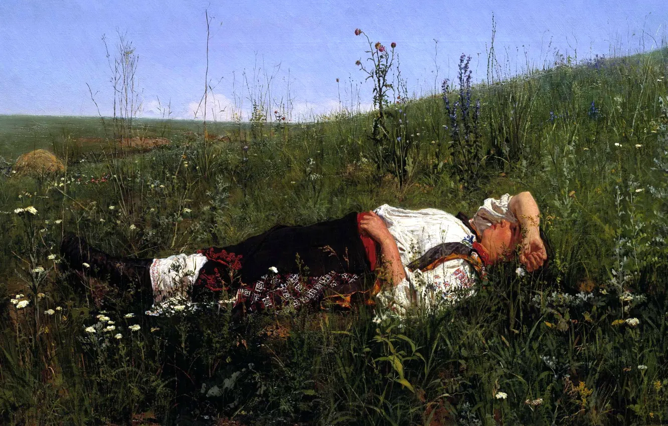Фото обои трава, девушка, цветы, природа, картина, мечтает, живопись, в праздник