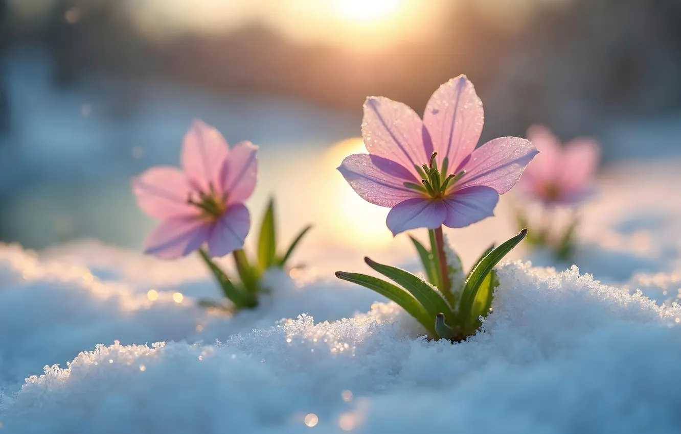 Фото обои зима, снег, цветы, весна, flowers, winter, snow, spring