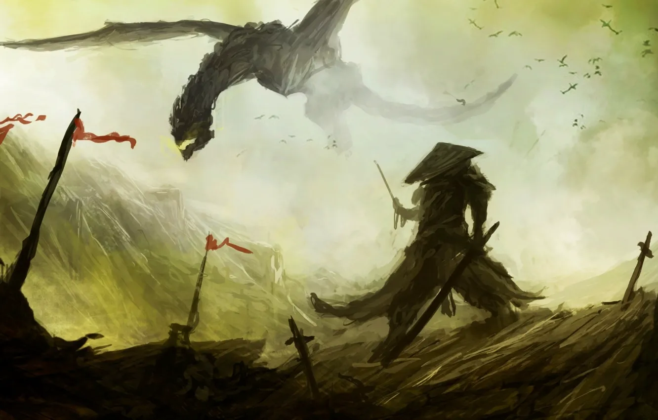 Фото обои фантастика, дракон, арт, самурай, dragon, знамя, samurai, поле брани