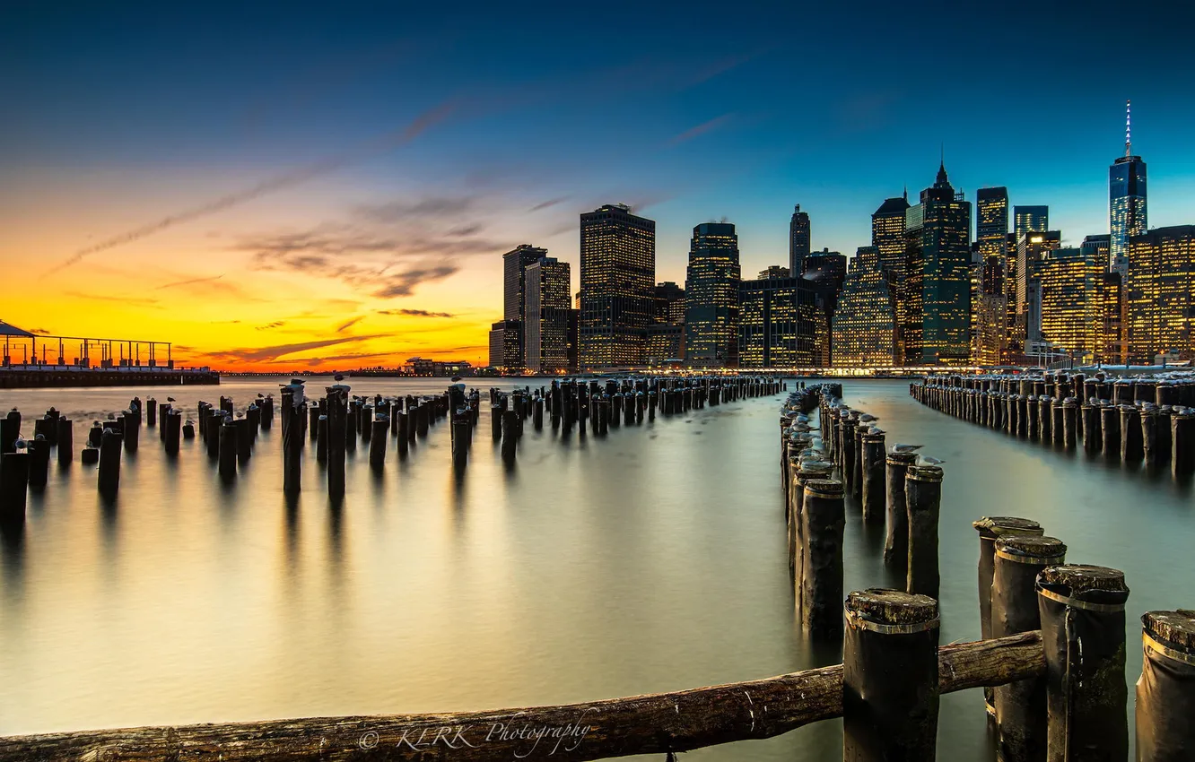 Фото обои город, рассвет, Нью-Йорк, небоскребы, США, Манхэттен, New York, Ист-Ривер