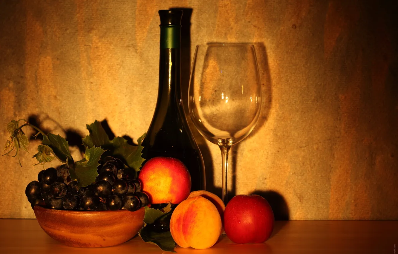 Фото обои вино, бокал, виноград, фрукты