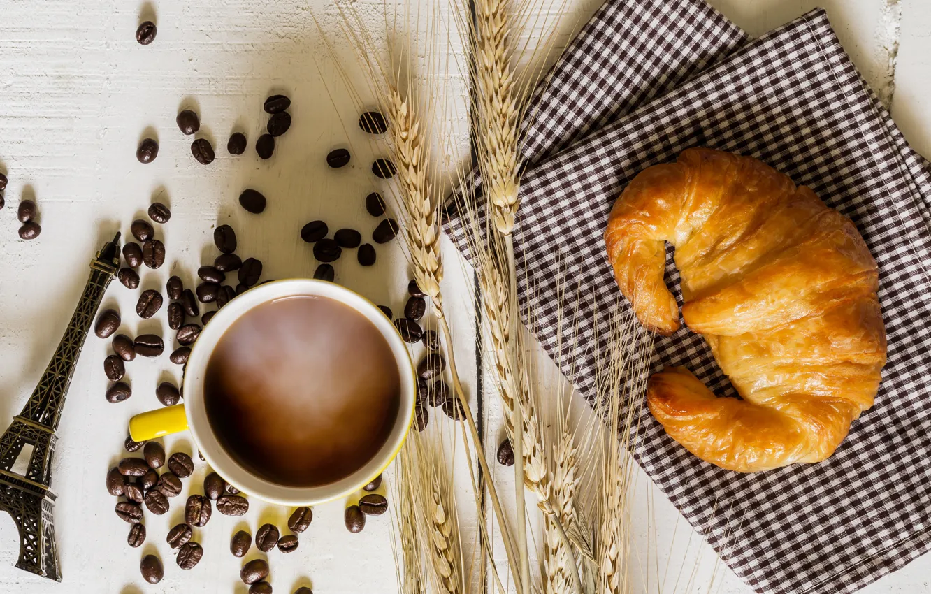 Фото обои кофе, зерна, завтрак, чашка, cup, beans, coffee, круассаны