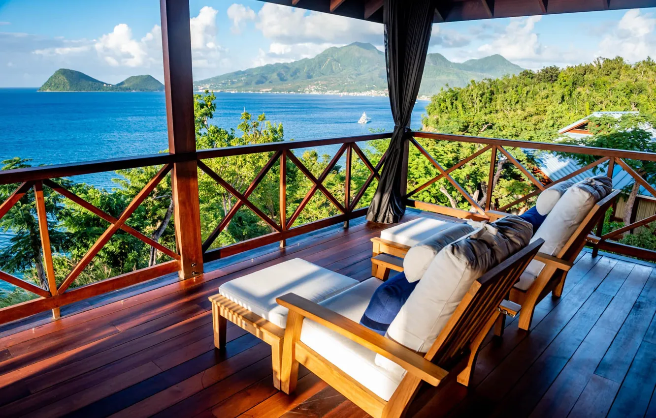 Фото обои море, горы, кресла, балкон, отель, Карибы, Доминика