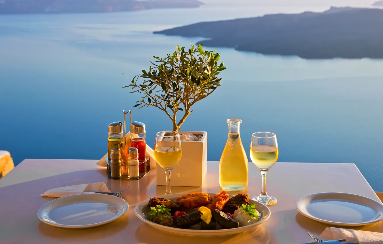 Фото обои море, вино, тень, мясо, wine, сервировка, Sea, meat