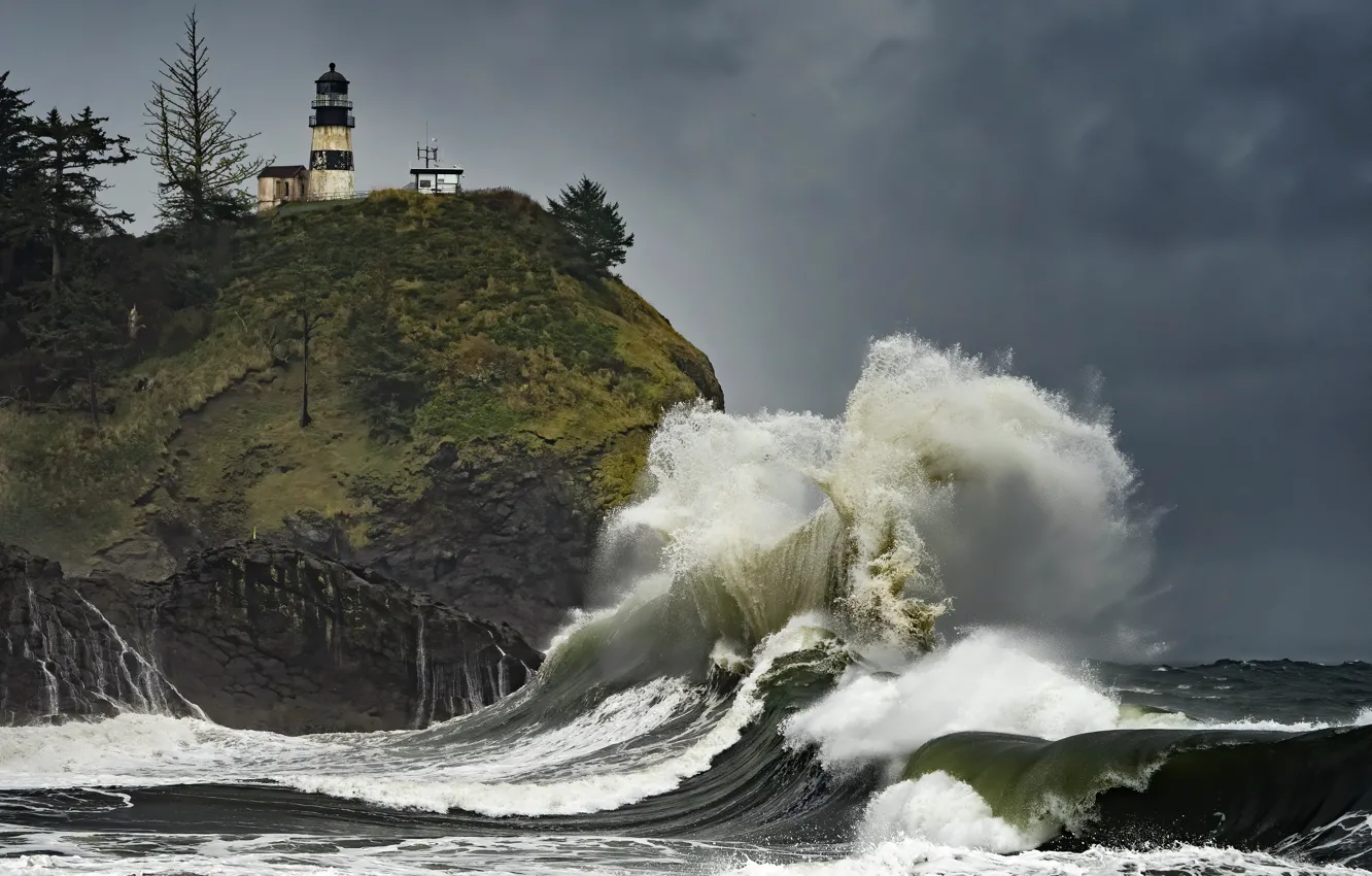 Фото обои волна, маяк, United States, Washington, Pacific City