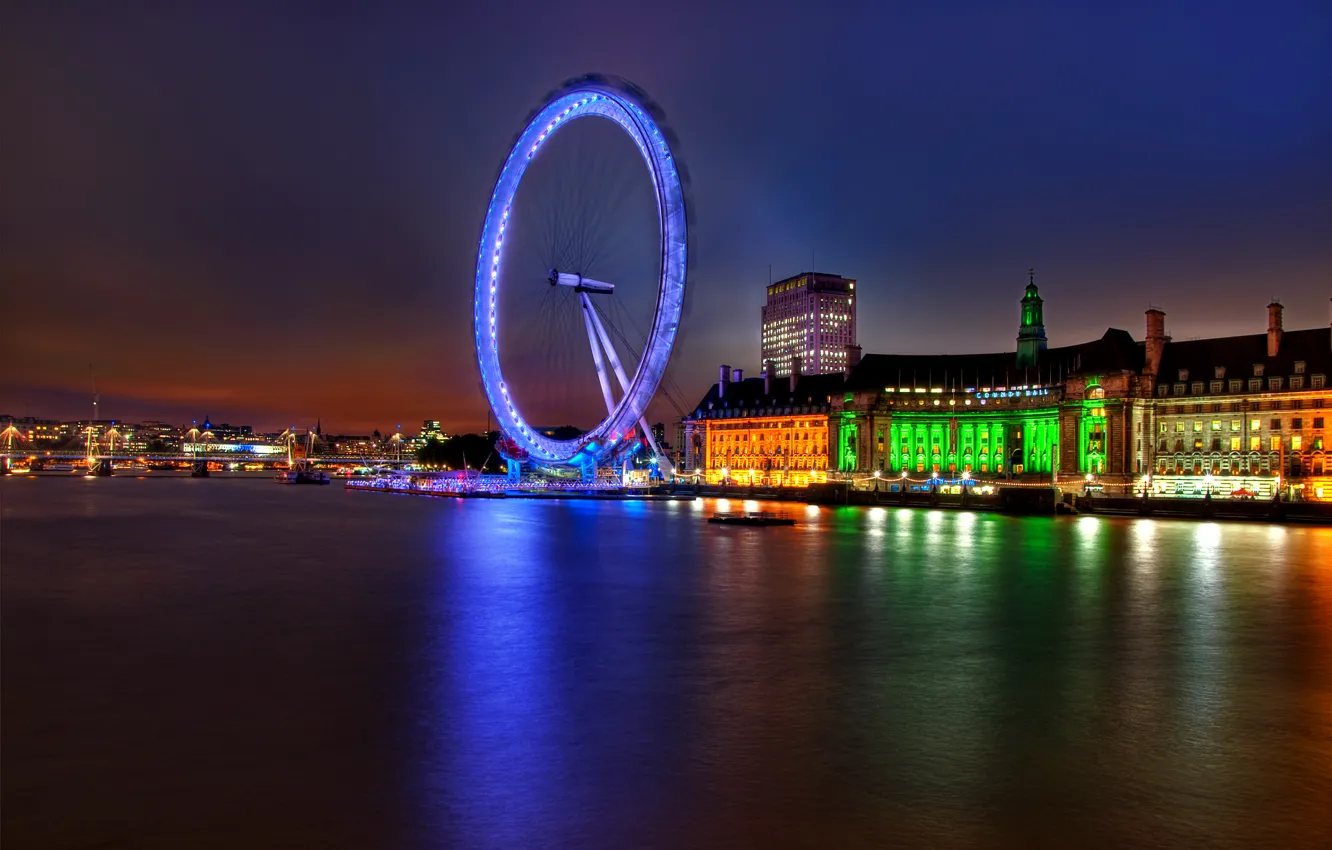 Фото обои огни, река, Англия, Лондон, здания, вечер, подсветка, Великобритания