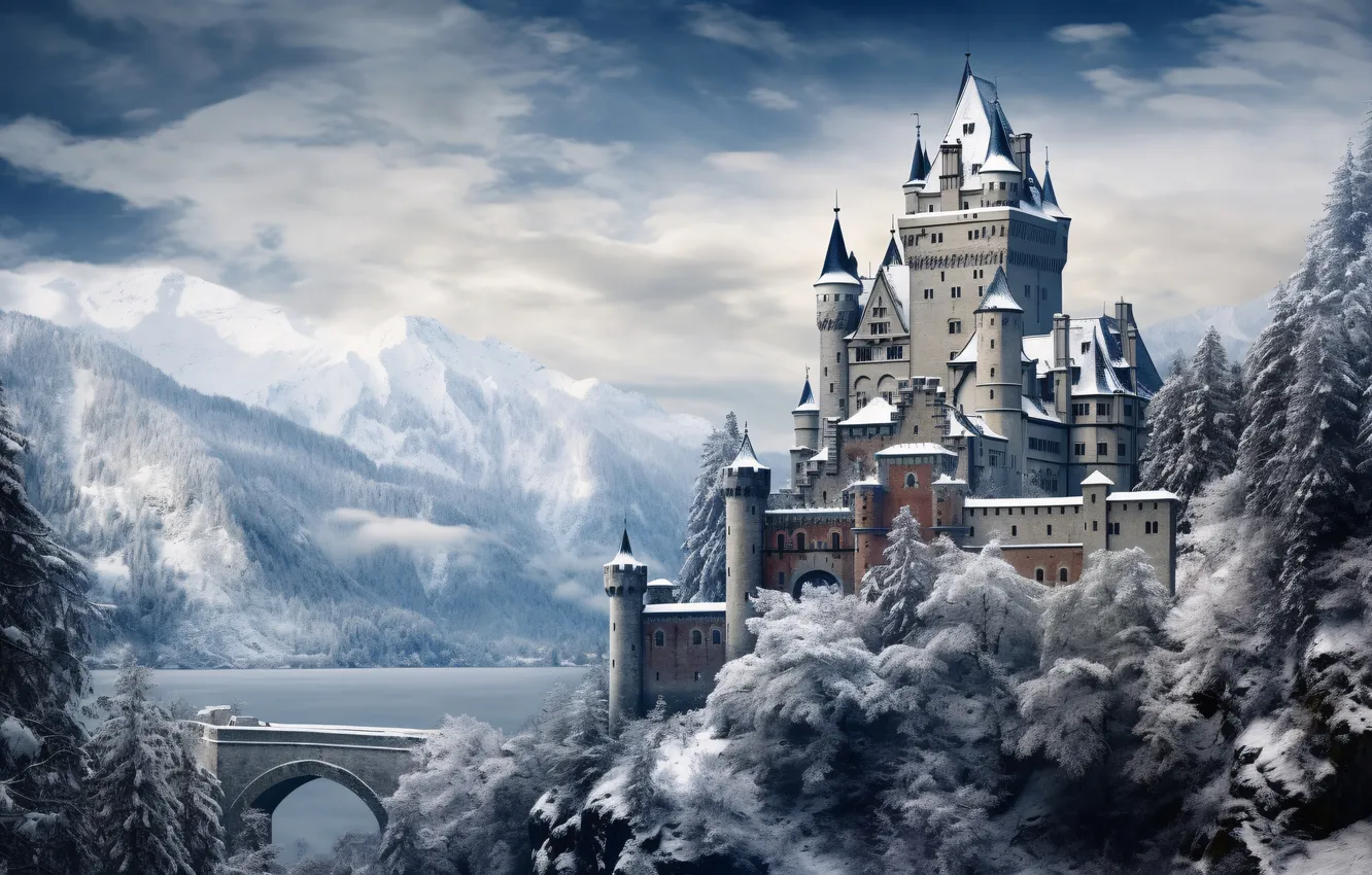 Фото обои зима, снег, горы, замок, river, winter, castle, snowy