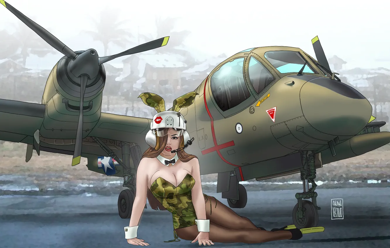 Фото обои девушка, рисунок, арт, самолёт, USAF, OV-1 Mohawk