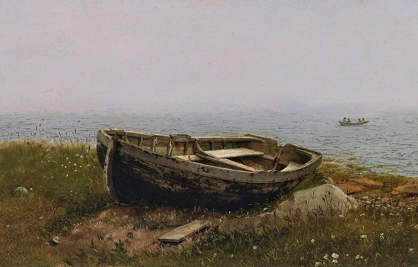 Фото обои море, пейзаж, дети, камни, берег, лодка, картина, Frederic Edwin Church