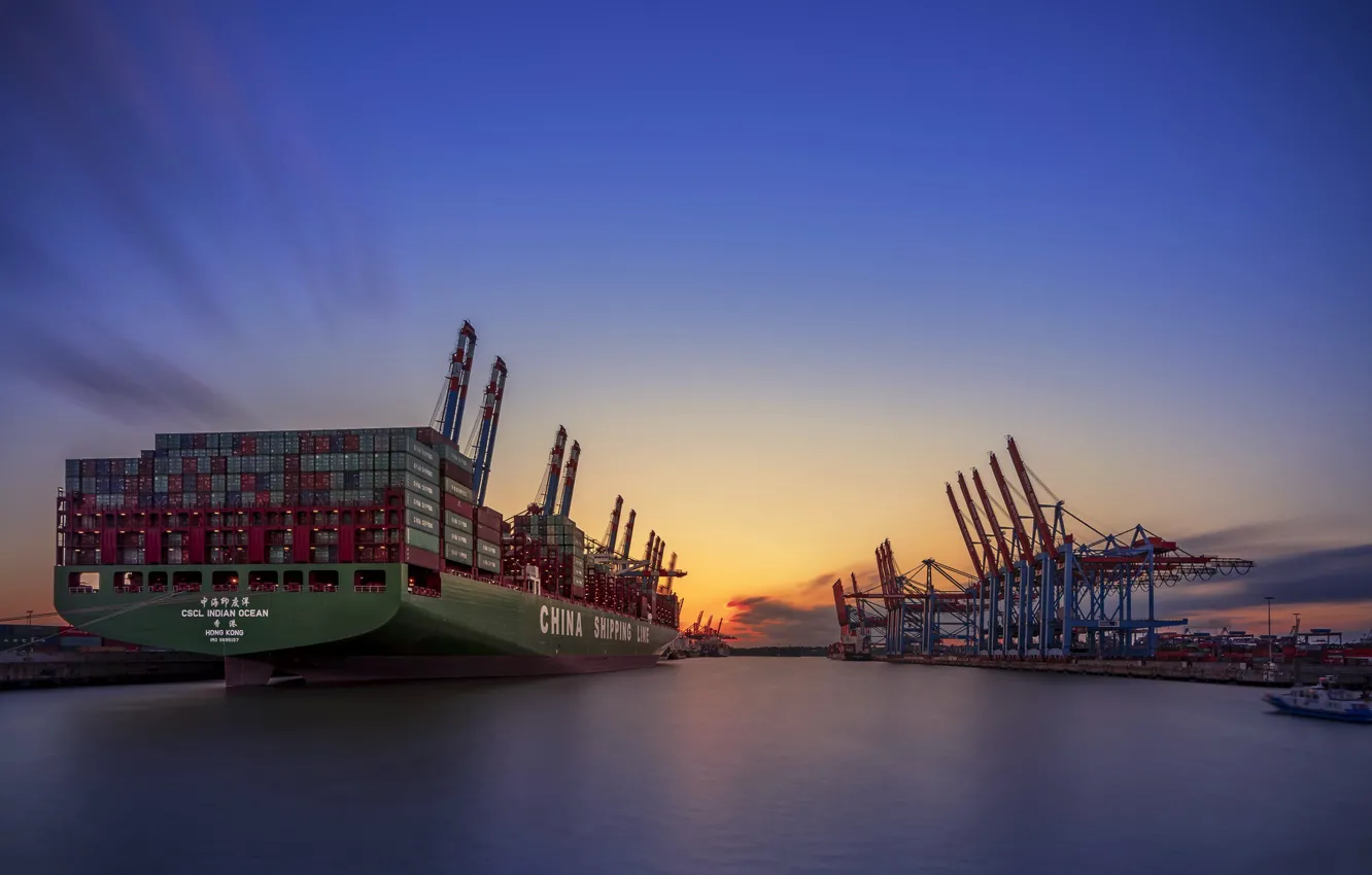Фото обои закат, корабли, порт, Гамбург