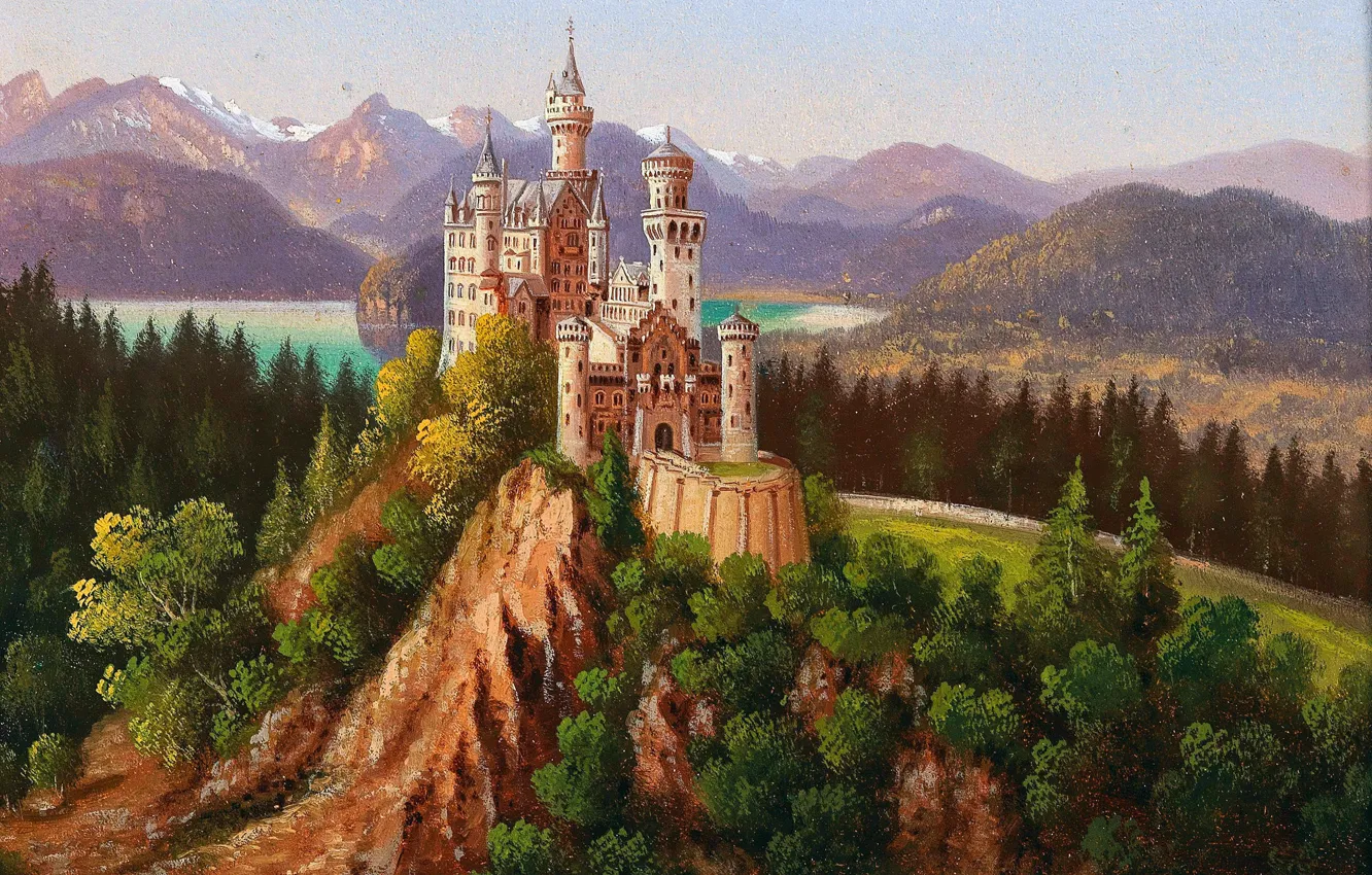 Фото обои Горы, Деревья, Германия, Замок, Бавария, Картина, Germany, Нойшванштайн