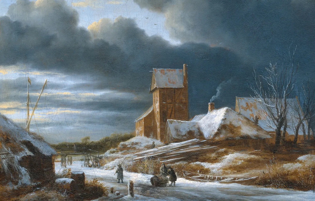 Фото обои масло, картина, холст, Зимний Пейзаж, Якоб ван Рёйсдал