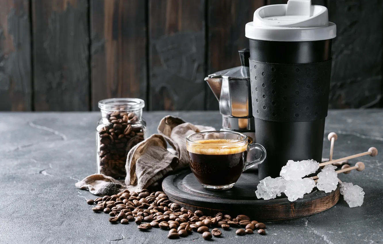Фото обои кофе, зерна, банка, сахар, кофейные, эспрессо, Roman Dbree
