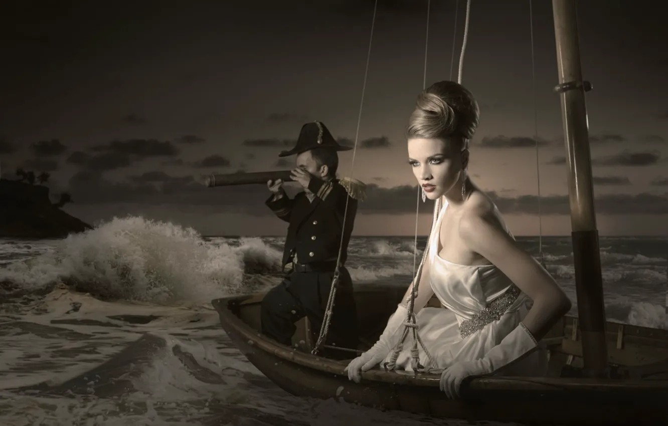 Фото обои волны, лодка, платье