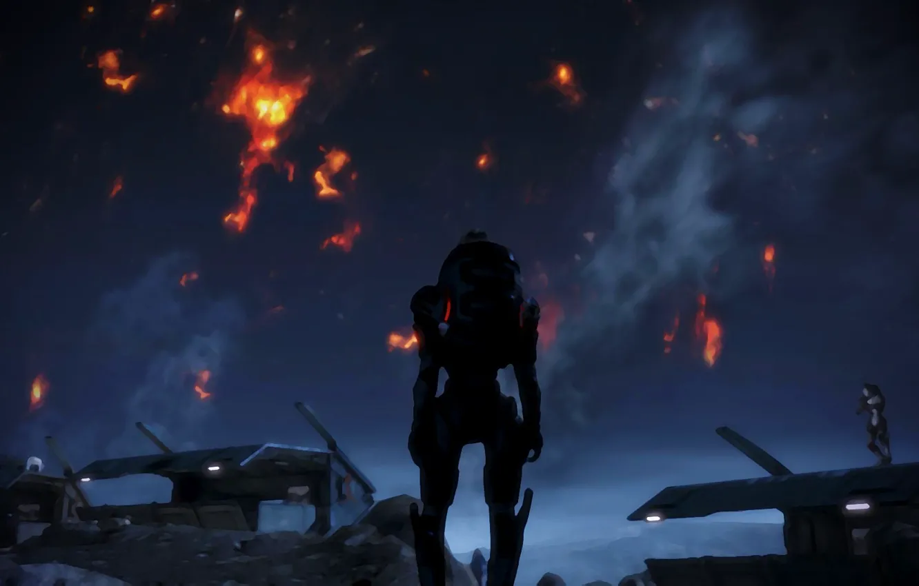 Фото обои космос, огонь, планета, акварель, солдаты, Mass Effect