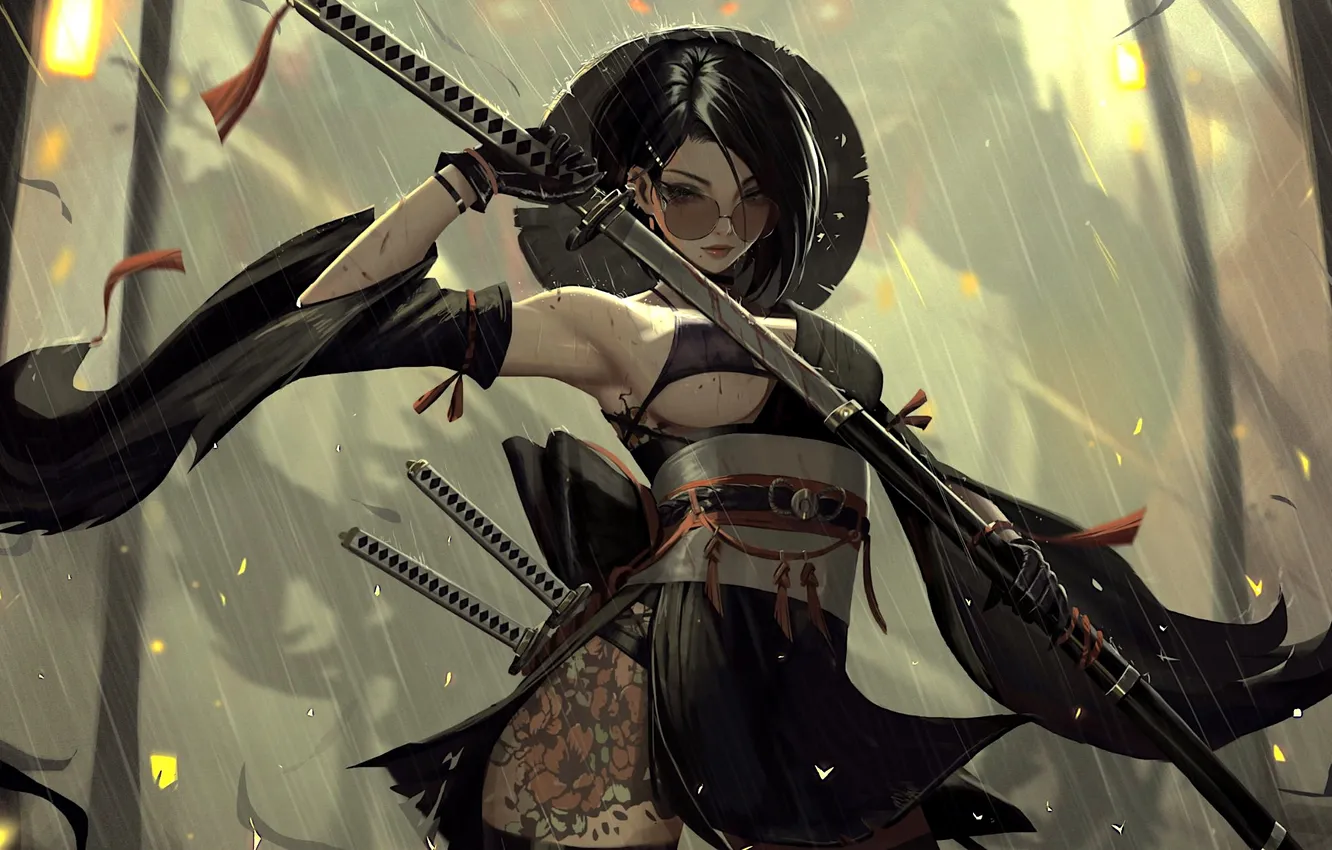 Фото обои girl, sword, fantasy, rain, hat, katana, tattoo, brunette