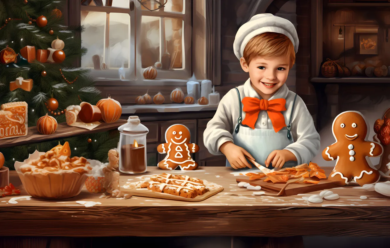 Фото обои Мальчик, Улыбка, Стол, Рождество, Ребенок, Новый год, Елка, Радость