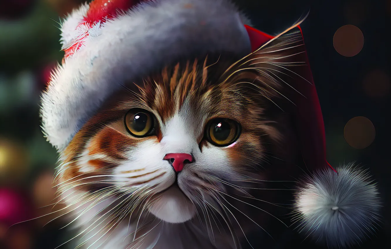 Фото обои кошка, кот, взгляд, темный фон, котенок, рыжий, Рождество, Новый год
