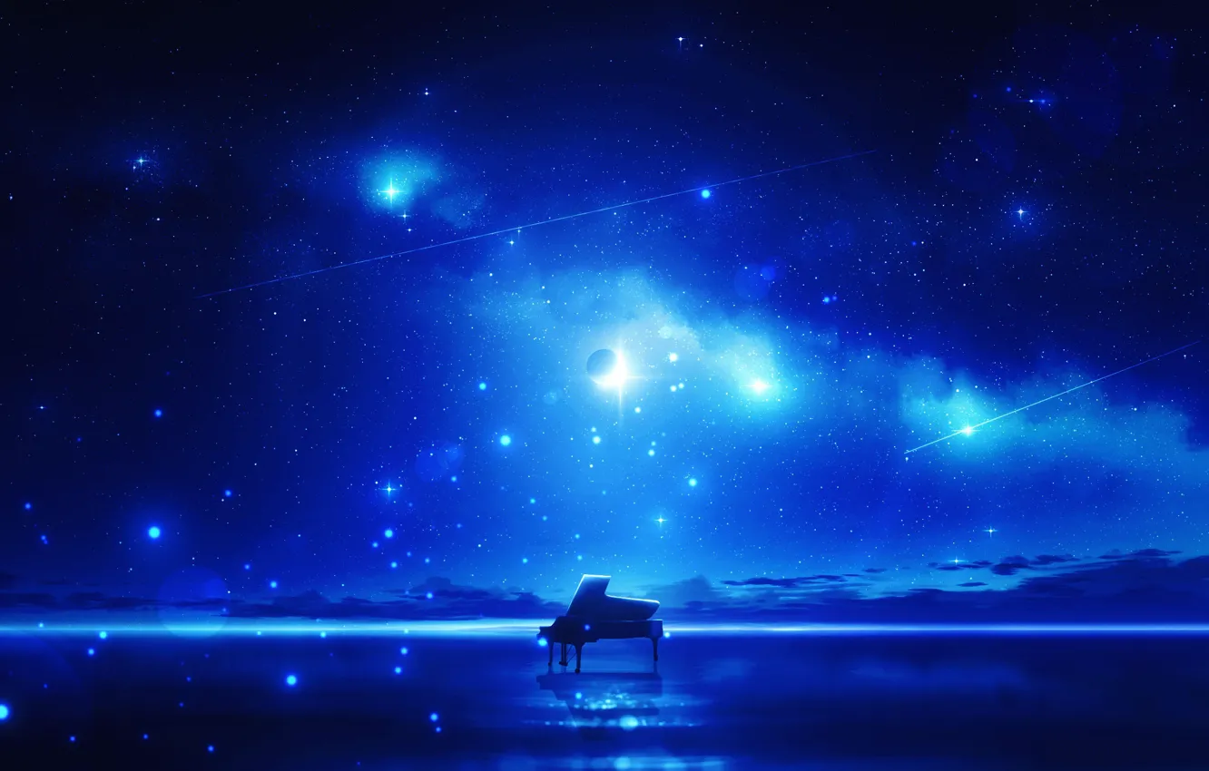 Фото обои небо, вода, ночь, музыка, пианино