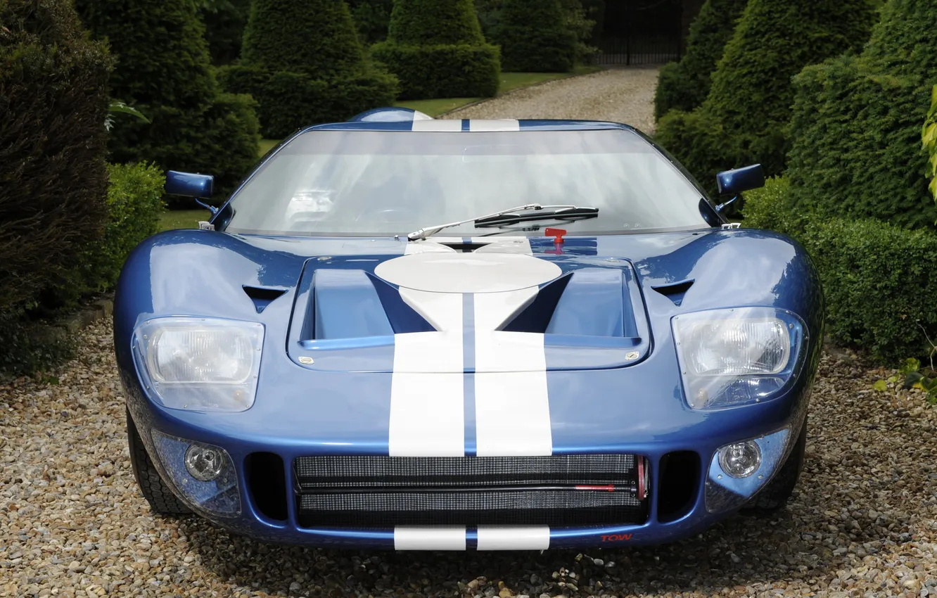 Фото обои вид спереди, кусты, blue, ford gt, форд джи ти