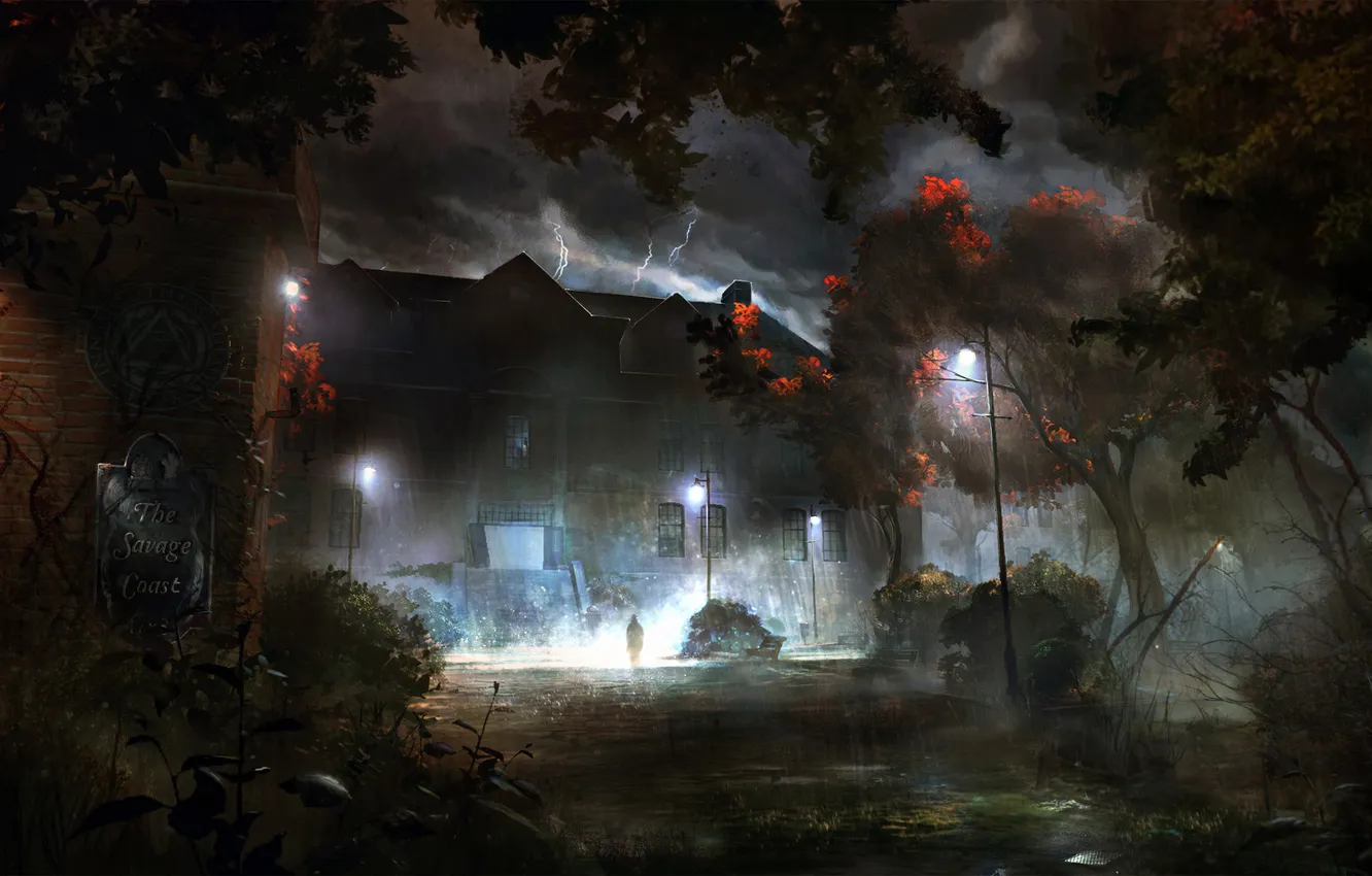 Фото обои деревья, ночь, дом, дождь, человек, полнолуние