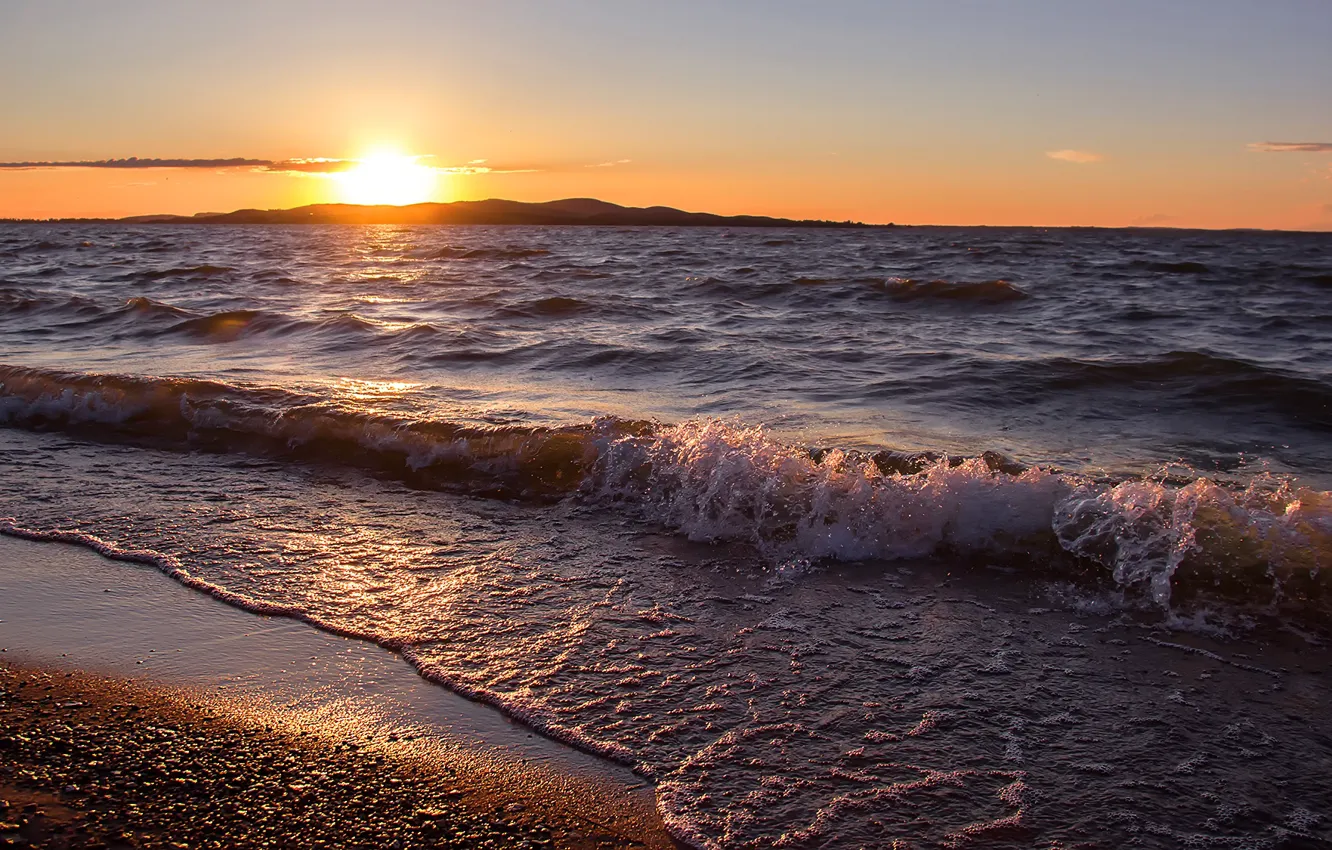 Фото обои волны, закат, берег