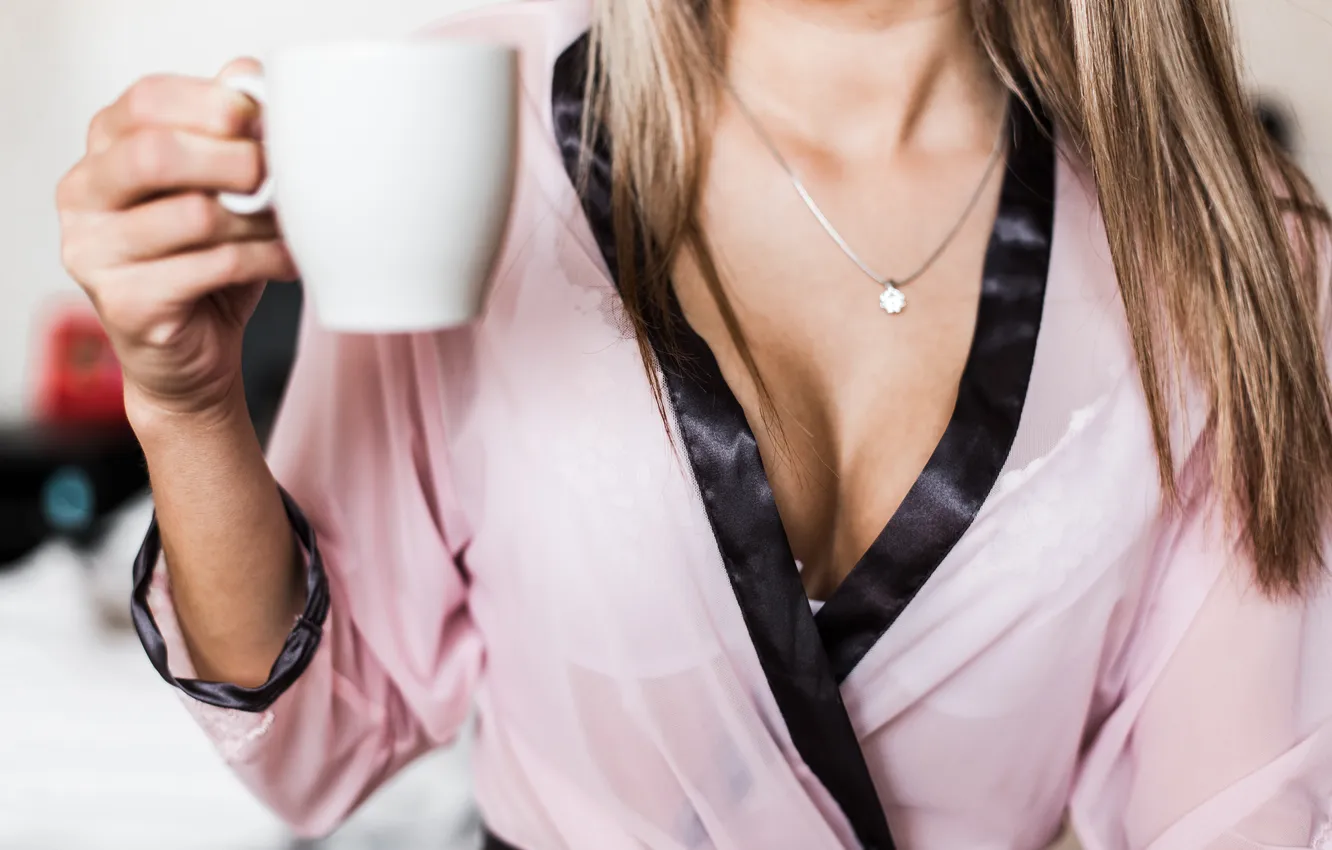 Фото обои breasts, nightgown, cup of coffee